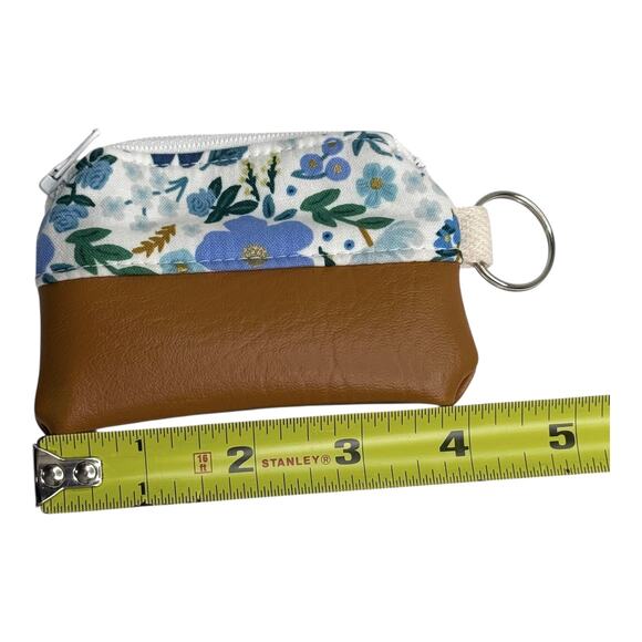 Vegan Leather Floral Mini Coin Purse Zip Pouch Key Ring Ear Bud Case 4" Bag Blue - Picture 4 of 7